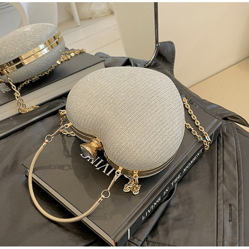 Ladies Fashion Shining Chain Crossbody Bag, Elegant Shoulder Heart Shaped, Metal Embellished, Black, with Buckle Closure, for Party, Wedding, Date